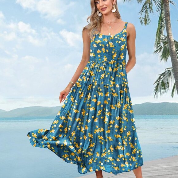 Summer Bohemian Floral Dresses for Women Spaghetti Straps Maxi Dress Casual Flow - Picture 2 of 5